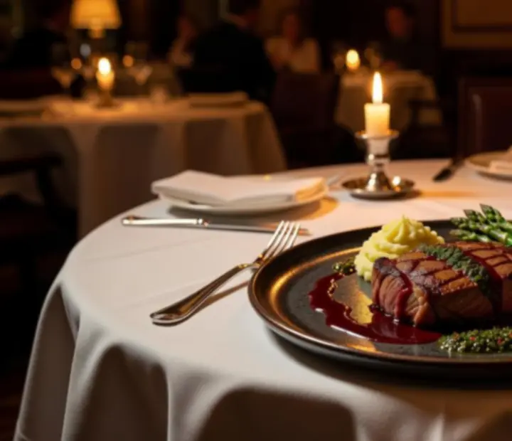 Aged Australian steak plated with refined sides at Bluff And Bite