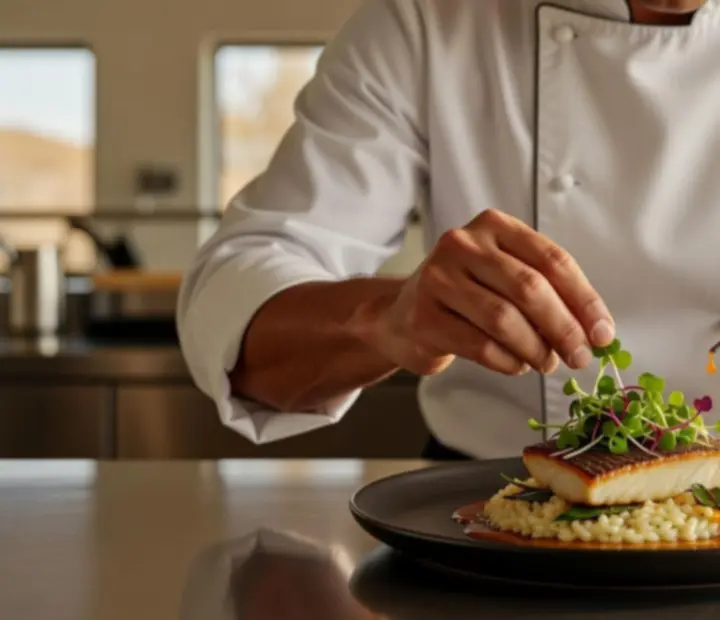 Chef plating an intricate dish with fine detail and precision.