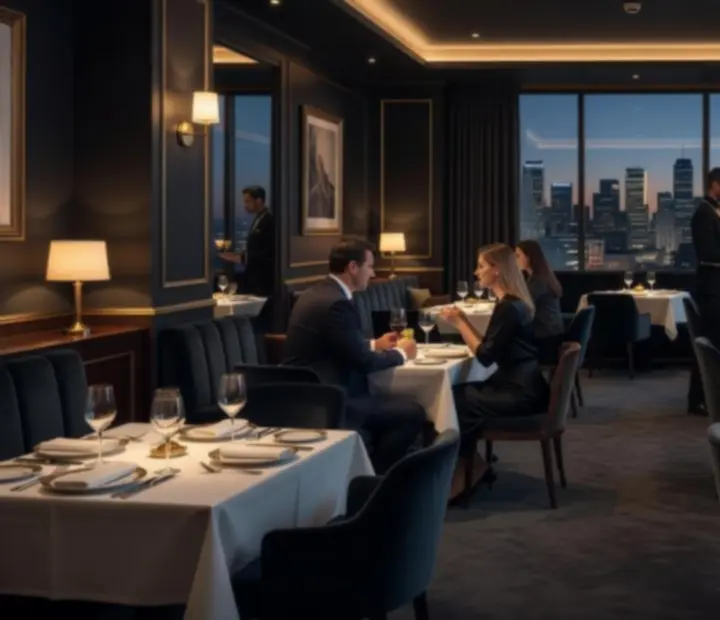 Cinematic view of an elegant dining room at Bluff And Bite