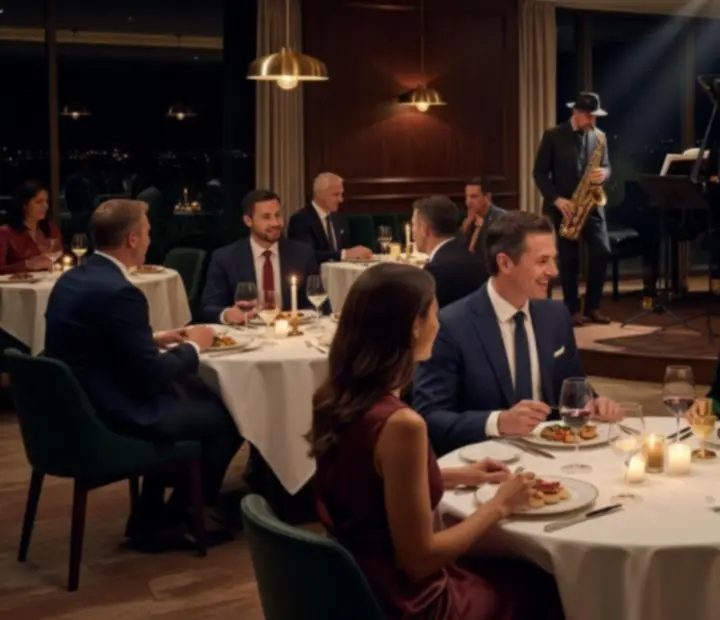 Cinematic evening event at Bluff And Bite with guests dining in a softly lit space