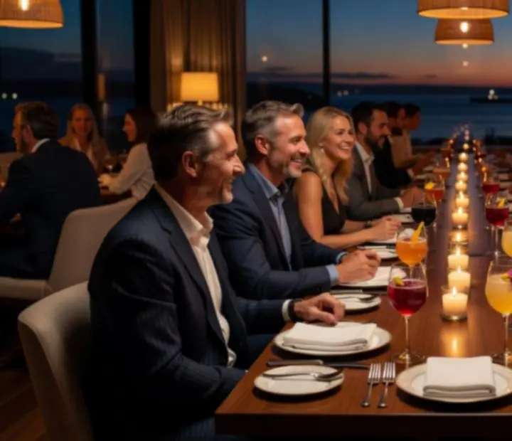 Evening event at Bluff And Bite with guests enjoying dinner and live music.