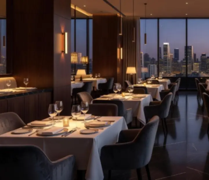 Elegant Australian dining room with softly lit tables and a refined bar.