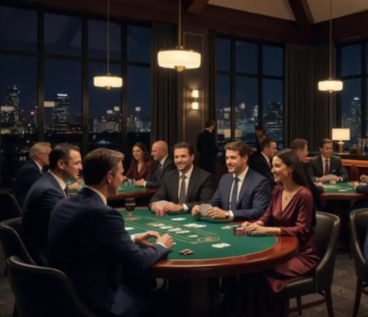 Elegant poker night at Bluff And Bite with guests enjoying cards and cocktails