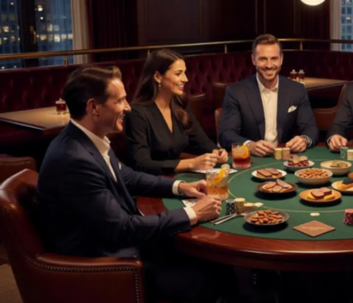 Elegant poker room with plush seating and ambient lighting at Bluff And Bite
