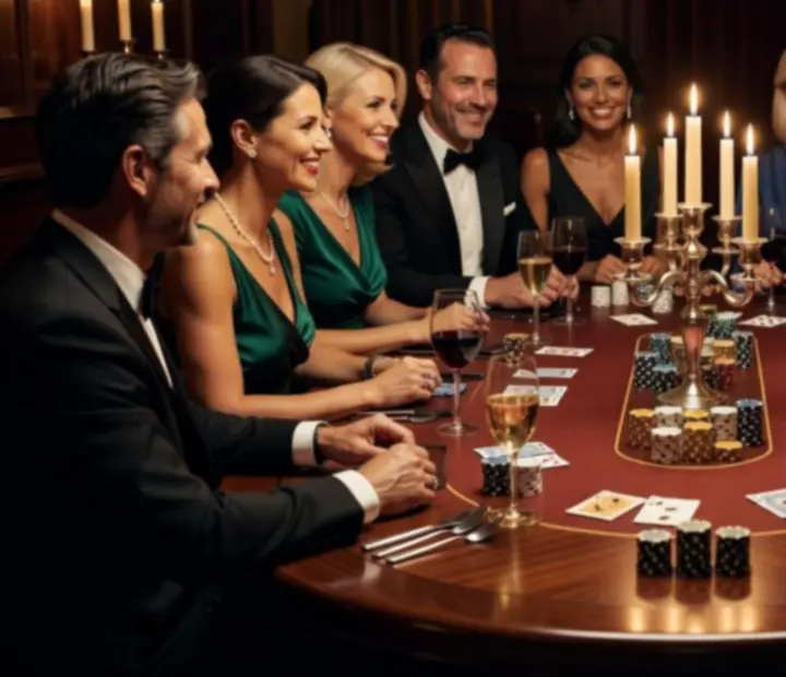 Guests seated around a poker table, sharing drinks and conversation in a refined lounge.