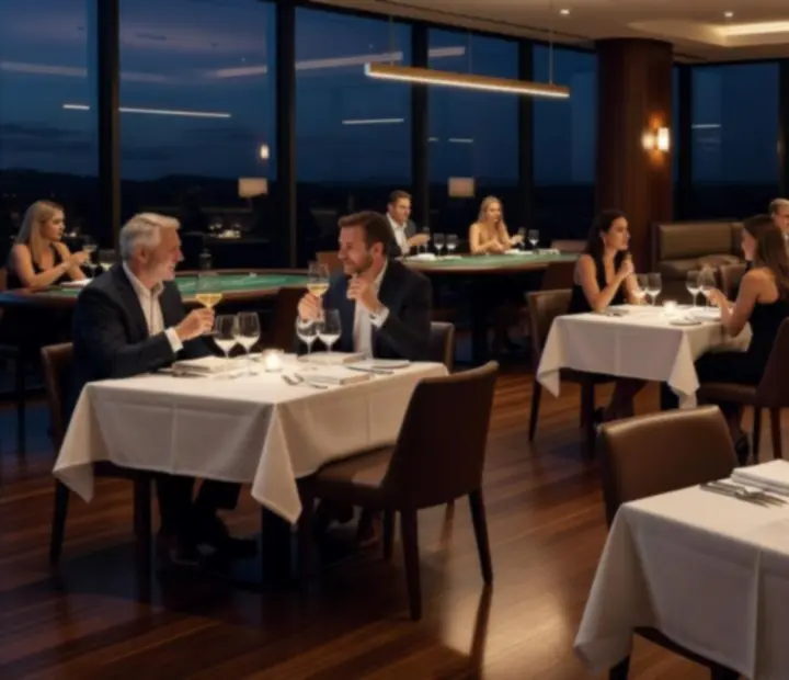 Elegant dining room at Bluff And Bite set for evening reservations