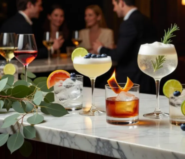 Bartender finishing a line of crafted cocktails under warm, golden light.
