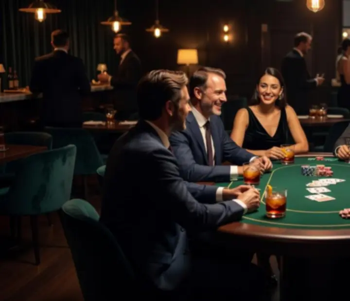 Guests enjoying an exclusive poker evening in a refined lounge setting.