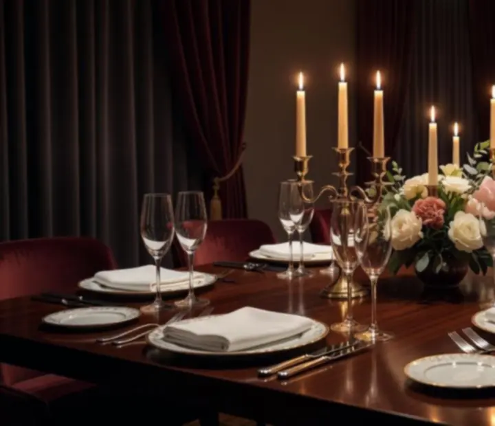 Intimate private dining room set for a celebration with candlelit tables.