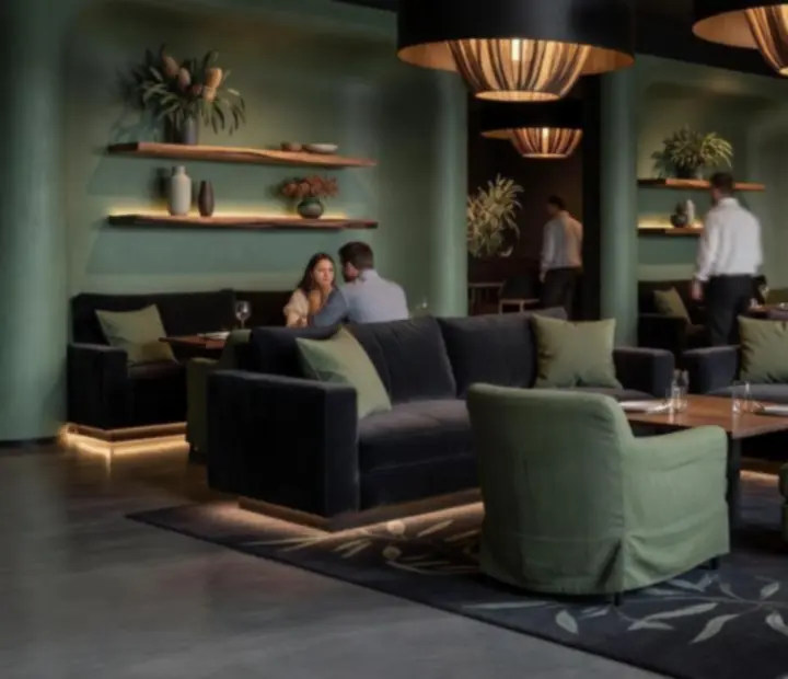 Sophisticated restaurant interior with plush seating and architectural lighting.