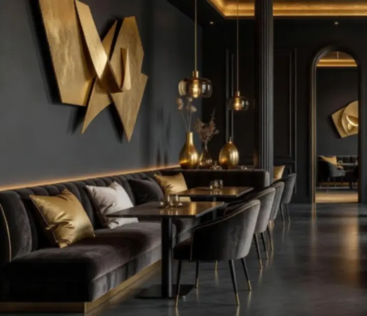Cinematic interior design featuring ambient lighting and plush seating