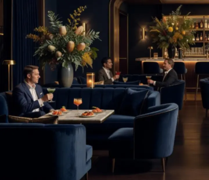 Dimly lit VIP lounge with plush seating and a refined bar